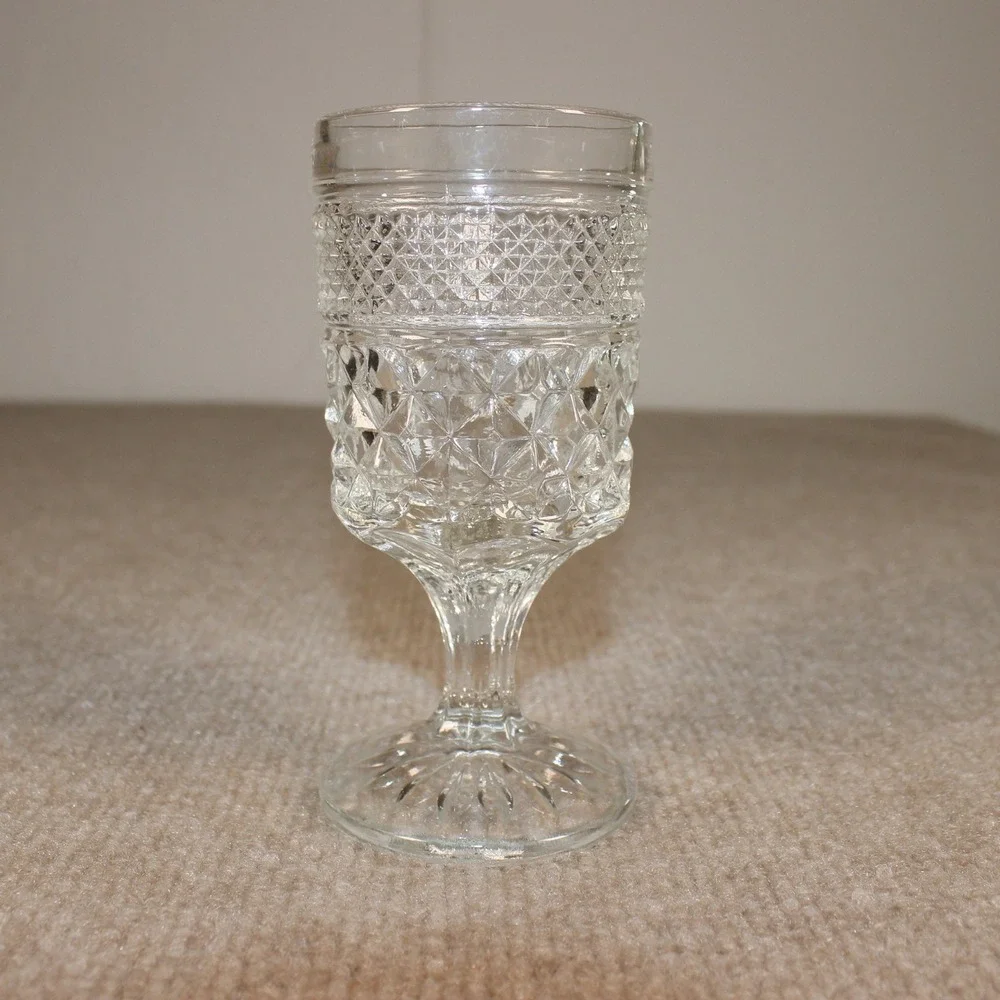Vintage Clear Pressed Glass Goblet Diamond Point Waffle Pattern Stemmed Glass